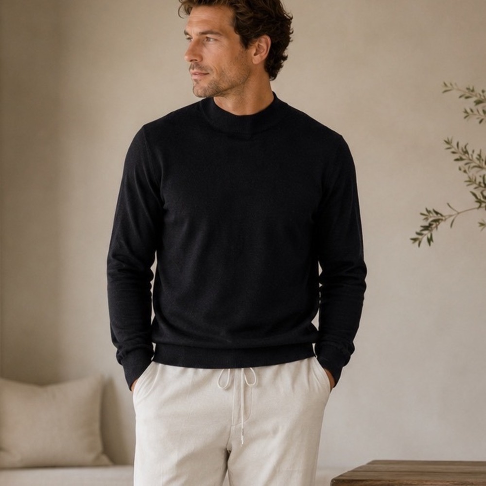 Neiman Marcus Mock Neck Sweater Mens Large Black Silk Cashmere Blend Luxury